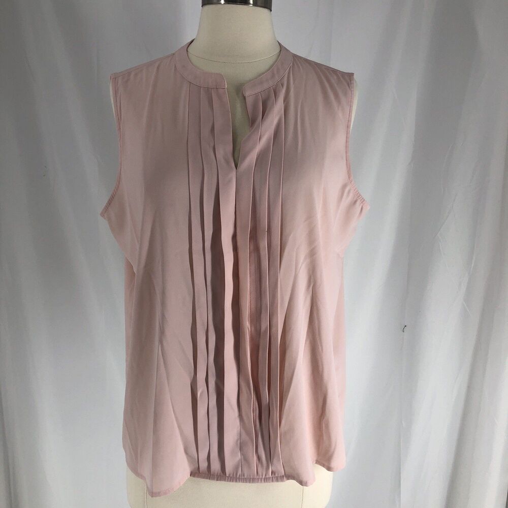 Calvin Klein Women's Lg Pink Solid V-Neck Sleeveless Pleated Pullover Blouse
